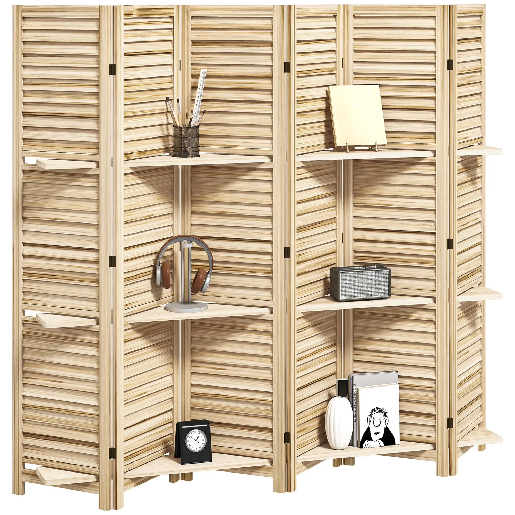 Natural Wood 6-Panel 67" Tall Room Divider, Indoor Privacy Screen with 3 Shelves and Folding Storage for Bedroom