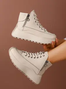 Women's High-Top Casual Shoes, PU Leather Upper, Rubber Sole, Zipper Design, Fall & Winter Fashion Sneakers, Comfortable Daily Wear, Casual Trainers