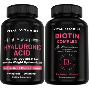 Hyaluronic Acid 200mg + Biotin 5000mcg Beauty Bundle | Skin Hydration, Hair Growth & Nail Support | Collagen + HA | 60 Capsules Each