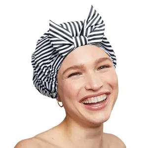 Kitsch Luxury Shower Cap - Stripe Black & White Non-Slip Silicone Grip Waterproof Rapid Drying Home Goods Kitsch Luxury Shower Cap - Stripe Black & White Non-Slip Silicone Grip Waterproof Rapid Drying Home Goods