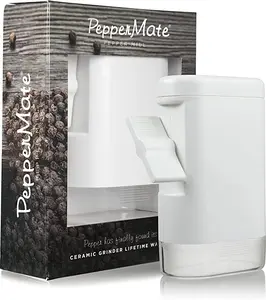 PepperMate Traditional Rustic Kitchen Pepper Mill - White Seasoning Utensil, Adjustable Coarseness Grinder, Mess-Free Bottom Cap, Durable Ceramic Mechanism for Spices, Salt Pepper Shakers, Utensils Coffee