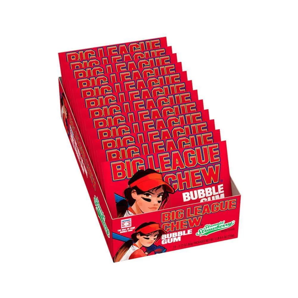 Big League Chew Strawberry 12 ct. - Sweet Chewy and Shredded Gum with Strawberry Flavor - 12 Count Pack Snack Sugar Corn