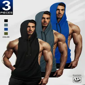 3pcs Men's Summer Gym Hooded Sleeveless Muscle Tank Tops - Sweat Absorbent Quick-Dry Workout Shirts with Adjustable Drawstring Hood & Pockets for Running, Weightlifting, Outdoor Training Breathable Athletic (Black/Blue/Gre