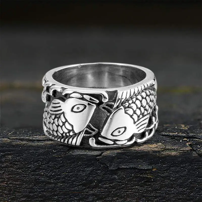 GTHIC Unisex Animal Theme Stainless Steel Double Fish Relief Finger Ring, Metal Costume Jewelry Ring, Girlfriend Birthday Gift