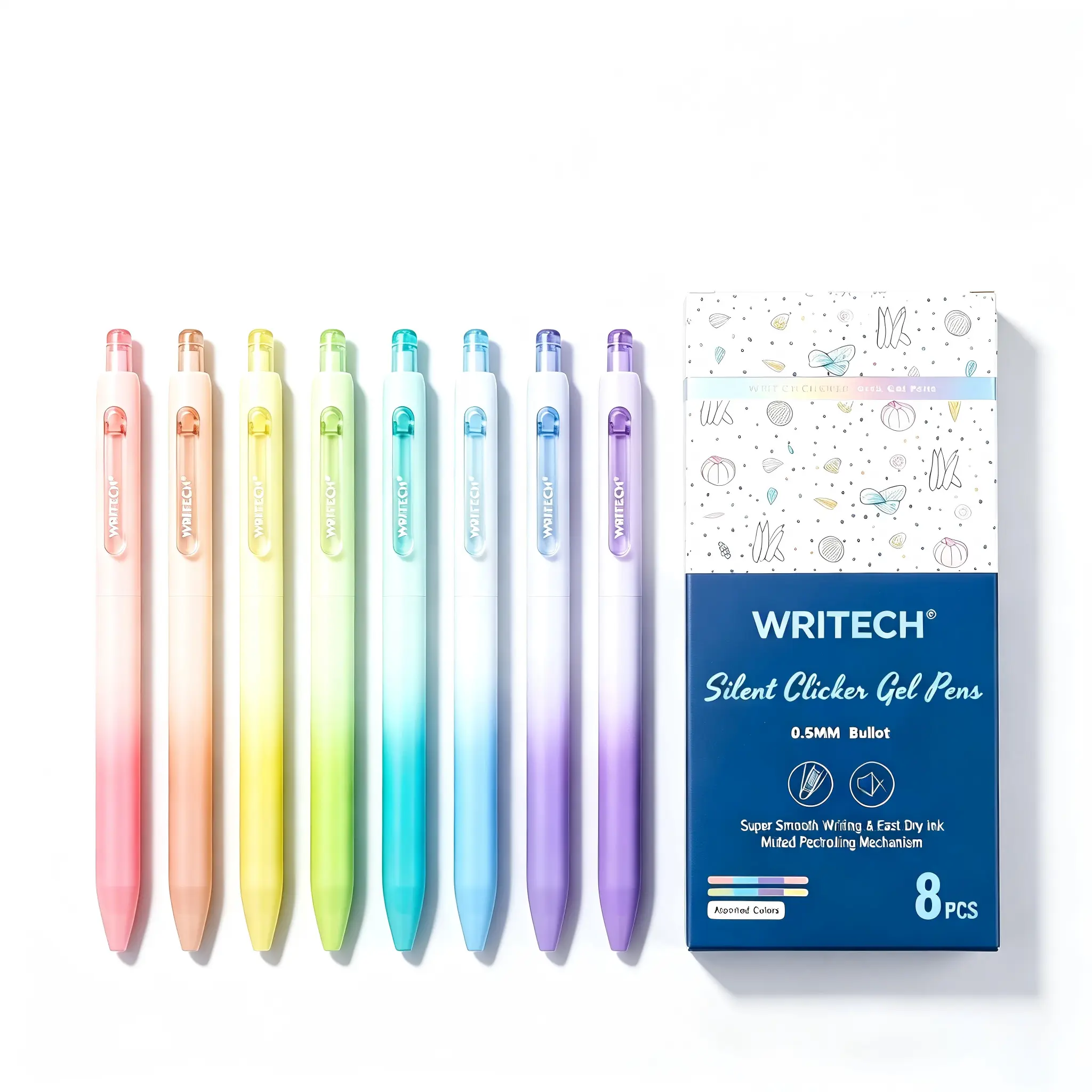 Aesthetic Gradient Retractable Gel Pens, 8-Pack 0.5mm Fine Point 0.5 mm Pen Assortment Set with Silent Clicker Fidget, Plastic Body & Translucent Barrels, Back to School Office Stationery for Teen Girls gift college supply