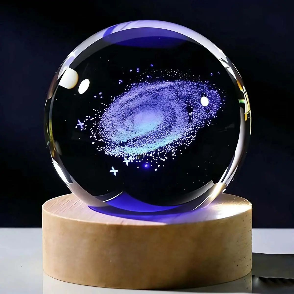 6cm Cosmic Theme 3D Galaxy Crystal Ball Desk Lamp - USB Plug-in Wooden Base, Automatic Rainbow Color-Changing Sphere, USB Cable, Ambient Glow Decorative Light with Luxury Gift Box, Kids Keepsake Present, Desk Lamps