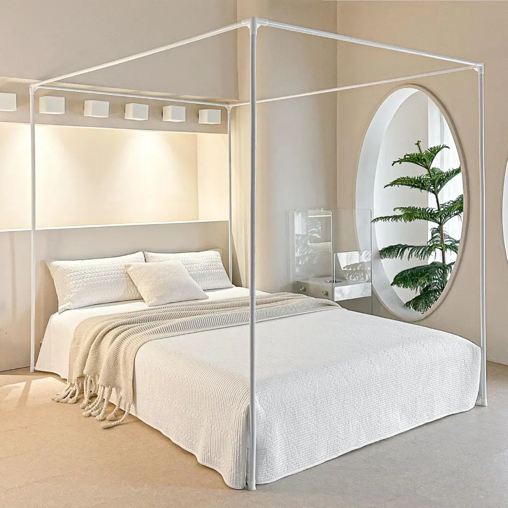 Premium Four Poster Bed Frame Posts for Queen Size Beds - Sturdy Metal Rods, Four Corner Bed Brackets - Perfect Complement for Metal and Wood Bed Frames to Upgrade Bedroom Decor (White)