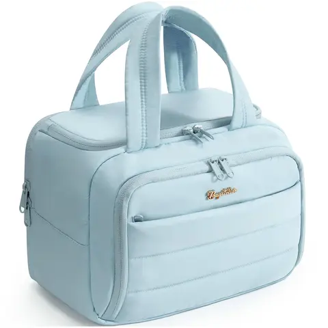 (Auction)Wide-open Travel Bag, Lightweight Puffy Toiletry Bag for Women, Quilted Makeup Bag Organizer Water-resistant Cosmetic Bag with Handle for Toiletries, Essentials, Accessories