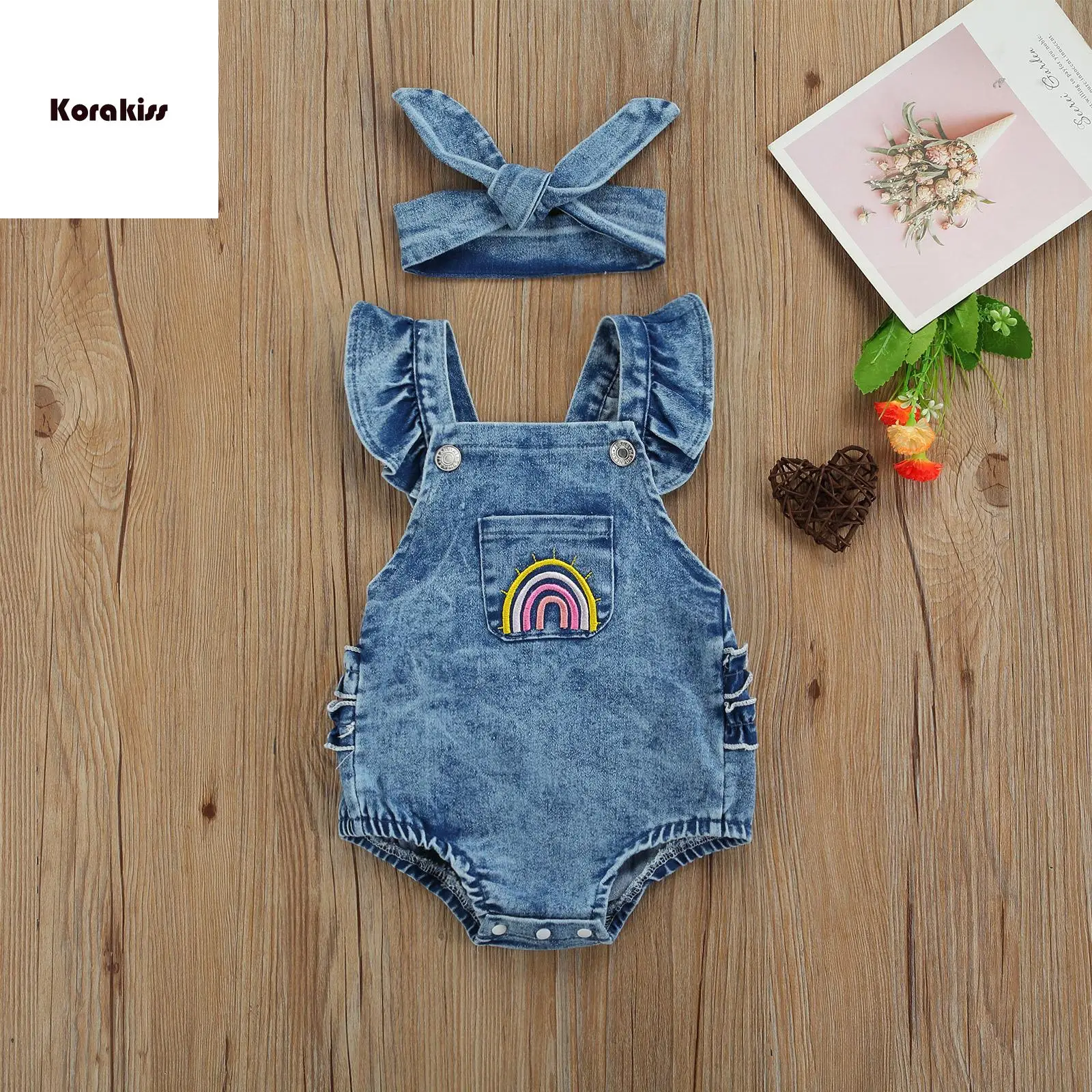 Breathable Baby Girls Outfit, Infant Summer Creative Rainbow Embroidery Fly Sleeve Lace Decoration Denim Romper + Headwear Set
