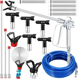 17 Pcs Airless Paint Sprayer Gun Set with 5 Types Nozzles 3 Sizes Extension Pole & 5 Mesh Filters for Efficient Painting