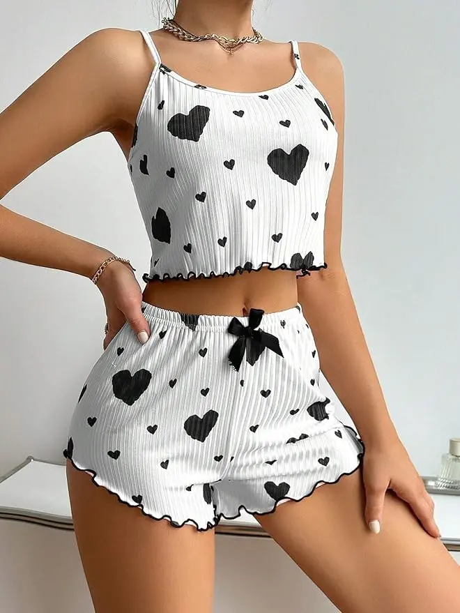 FEITAI Women's Heart Print Ribbed 2-Piece Cami & Shorts Pajama Set - Cute, Comfy Stretchy Sleepwear, Machine Washable Loungewear for Women