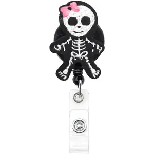 Cute Skull Felt Retractable ID Pull ,Fabric ID Name Card Holder for Nurse