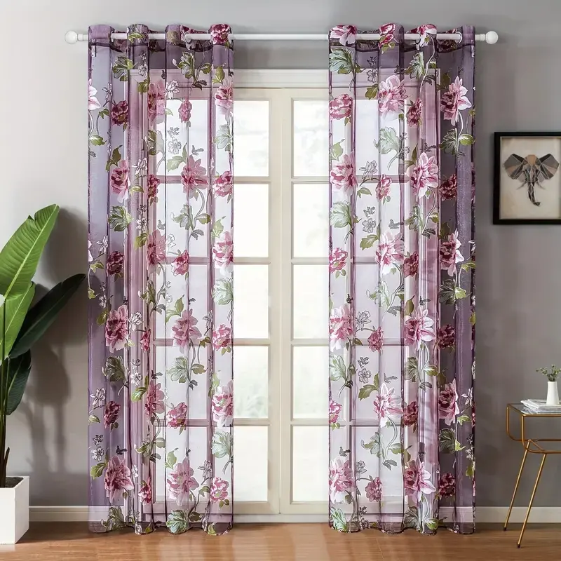 2-Panel Purple Floral Sheer Curtains, Grommet Window Drapes for Living Room & Bedroom, Available in 63/78/84/96 in Lengths, Curtains Floral
