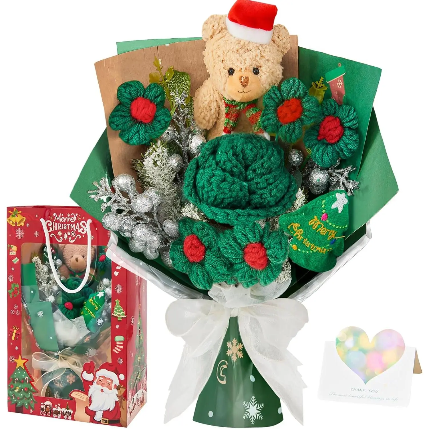 Decorative Christmas Flower Bouquet with Green Tree, Bear & Rose Poinsettias - Table Decor, Gift for Women (Includes Complimentary Greeting Note & Bag)