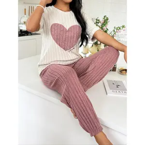 Women's Heart Print & Letter Embroidery Top & Elastic Waist Pants Pyjama Set, Round Neck Short Sleeve Tee & Ribbed Trousers Pj Set, Casual Comfy Sleepwear Set for Women, Pyjamas for Women