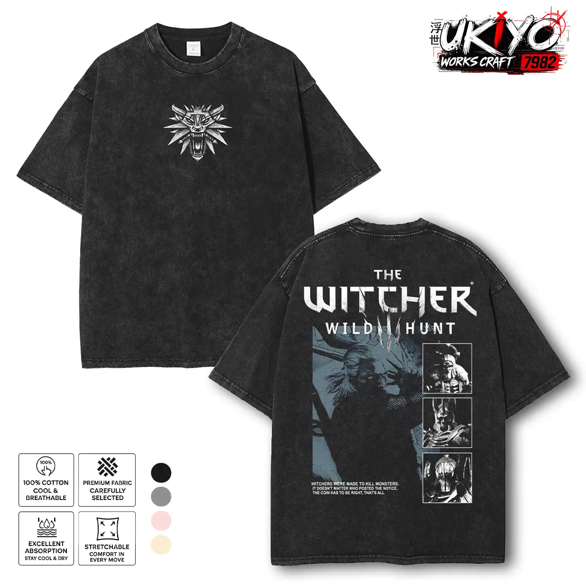 The Witcher Anniversary Washed Tee Unisex Oversize Cotton T-shirt for Game Fans, Graphic Tees graphic tees Top Gaming Retro Black streetwear vintage streetwear fabric fit classic vintage Crewneck Shortsleeve good graphic tee Casual Menswear