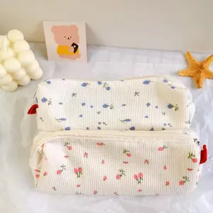 Small Pencil Pouch Makeup Cute Floral Pen Bag Women Flower Office Stationery Bag with Red Accents and Blue & Pink Floral Prints