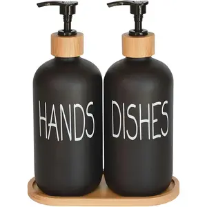 Glass Soap Dispenser Set. Hand and Dish with Bamboo Tray. Vintage Pump for Kitchen Drain Outlet Bathroom. Stylish Permanent Labels (Matte Black)