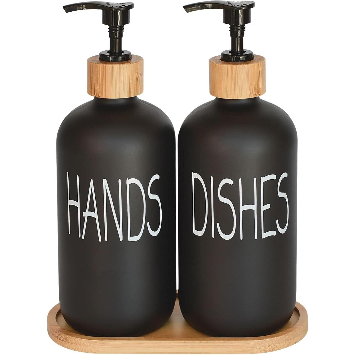 Glass Soap Dispenser Set. Hand and Dish with Bamboo Tray. Vintage Pump for Kitchen Drain Outlet Bathroom. Stylish Permanent Labels (Matte Black)