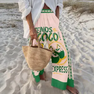 Women's Wide-Leg Pants with a Refreshing Coconut Print, for a Summery Beach Vacation the Relaxed Fit and Playful Lettering Design, Along with the Vibrant Colors, Create a Comfortable and Casual Look Ideal for the Beach