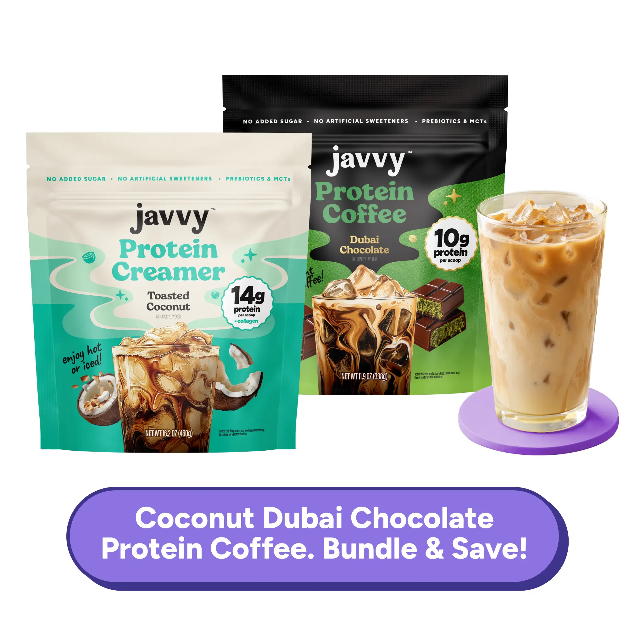 Javvy Coconut Dubai Chocolate Latte TikTok Exclusive Bundle Dubai Chocolate Protein Coffee and Toasted Coconut Collagen Protein Creamer Premium Whey Protein Instant Mix, 100% Natural, No Artificial Flavors & Sweeteners, No Added Sugar, 80 mg Caffeine