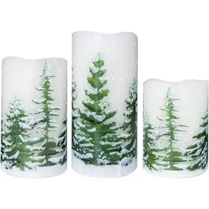 Flickering Flameless Pillar Candles with Timer,  Operated Real Wax Warm Light Christmas Tree Pine Tree Decal Candle for  Decoration Christmas Gifts, Set of 3(D3 x H4/5/6 Inch)