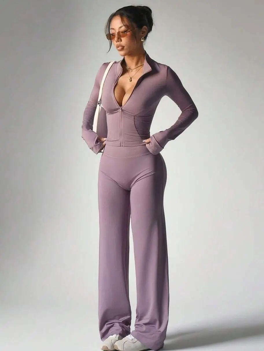 Women's 2 Piece Yoga Set, Taro Purple Zip Up Long Sleeve Crop Jacket and Wide Leg Pants, Casual Workout Lounge Outfit for Spring Activewear