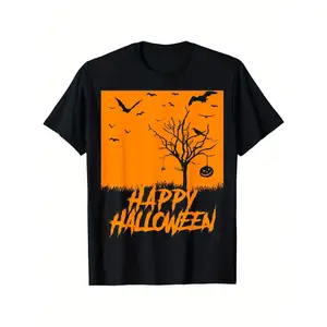[100% Cotton] Happy Halloween Bats Pumpkin Spooky Scene Crows Spider T-Shirt - 100% Pure Cotton,Short Sleeve, Round Neck, Vintage Street Style, Black with Orange & White Print,Halloween Apparel |     Vintage Street Style |      Golf Gift T-Shirt For Men a