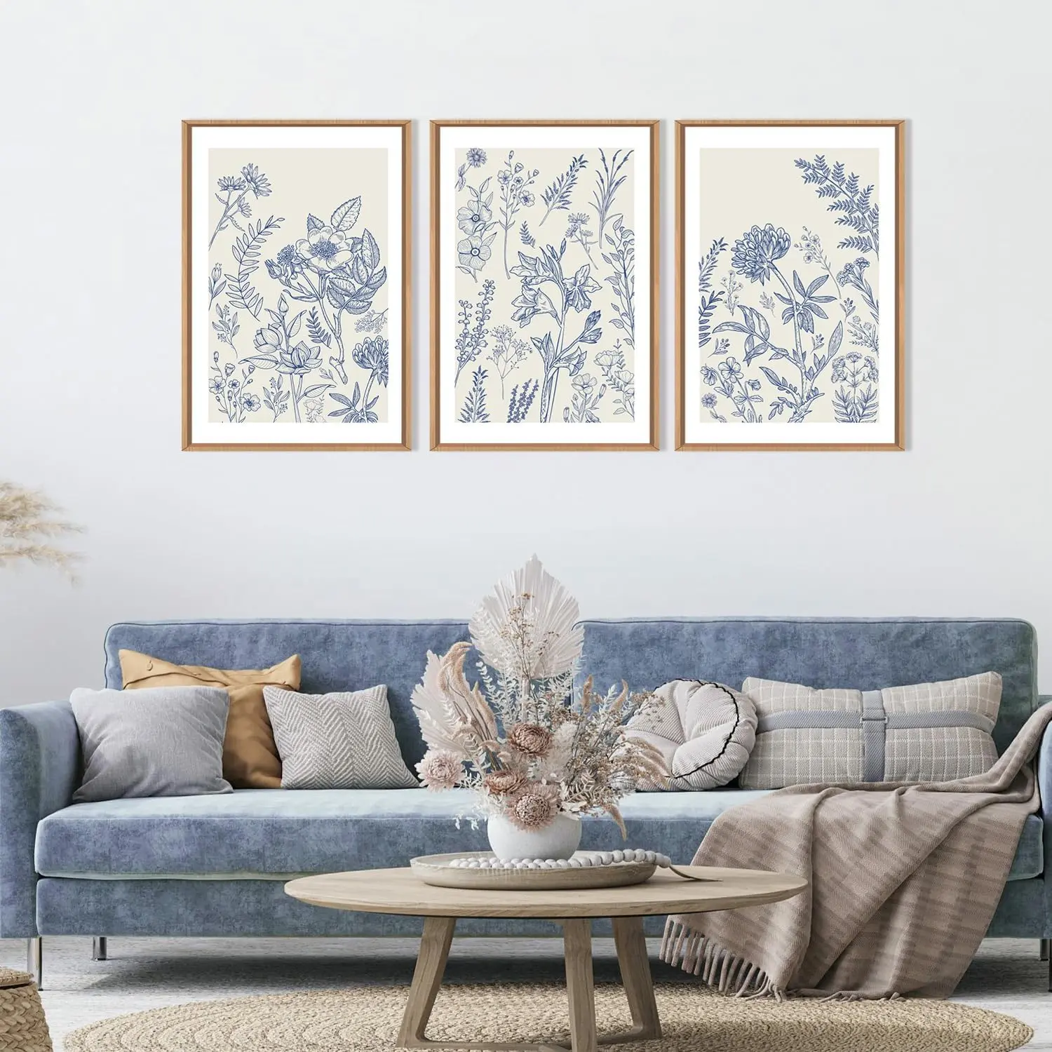 Classic Floral Frame Canvas Wall Art Set, Canvas Painting, Watercolor Blue and Plant Flower Decor, Minimalist Design Wildflower Print for Living Room Bedroom Office, Decorative Artwork