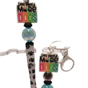 LESS PEOPLE MORE DOGS Beaded Pen MATCHING KEYCHAIN OR PURSE CHARM with Black Ink Extra Refill Included Bead Topper Awesome Sping GLO UP Gift Item