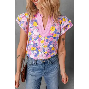 Pink Playful Floral Print Striped Color Block Patchwork V Neck Flutter Sleeve Blouse