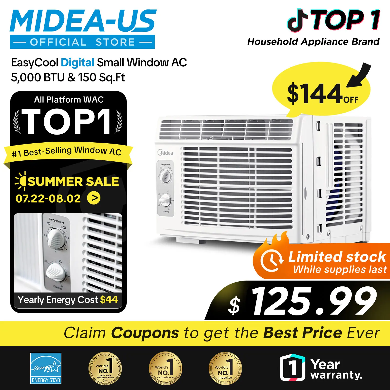Midea 5,000 BTU EasyCool Mechanical Small Window Air Conditioner - Cool up to 150 Sq. Ft. AC with Easy-to-Use Mechanical Controls and Reusable Filter, Perfect for Small Bedroom, Living Room, Home Office