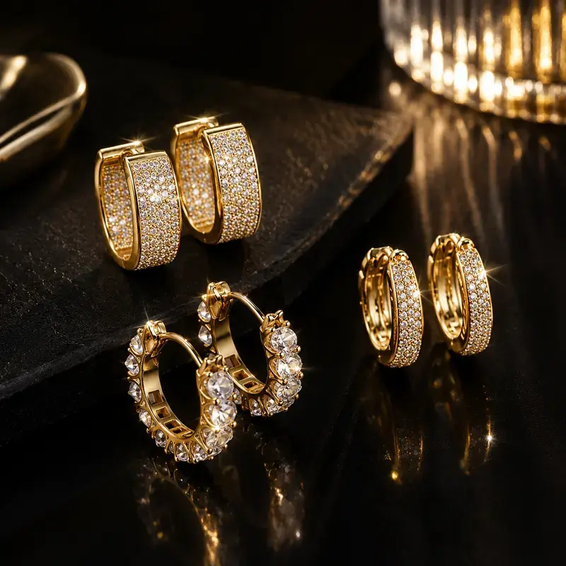 Women's 3-Pair 14 Karat Gold Plated Hoop Earrings Set, Minimalist Paved CZ Huggie Earrings, Dainty Luxury Lightweight Costume Jewelry for Everyday Wear