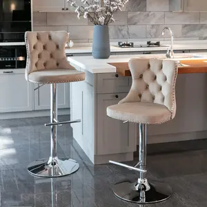 Swivel Bar Stools Set of 2, Adjustable Counter Height Velvet Upholstered Barstools with Nailheads Trim, Button Tufted Back and Silver Footrest, Bar Chairs for Dining Room Home Bar Kitchen