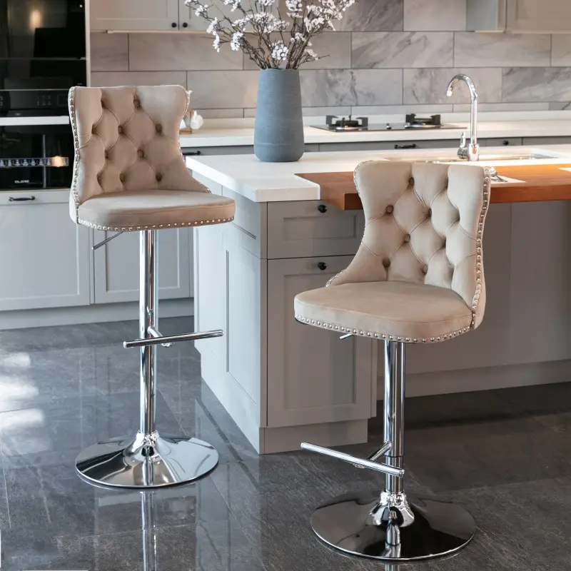 Swivel Bar Stools Set of 2, Adjustable Counter Height Velvet Upholstered Barstools with Nailheads Trim, Button Tufted Back and Silver Footrest, Bar Chairs for Dining Room Home Bar Kitchen