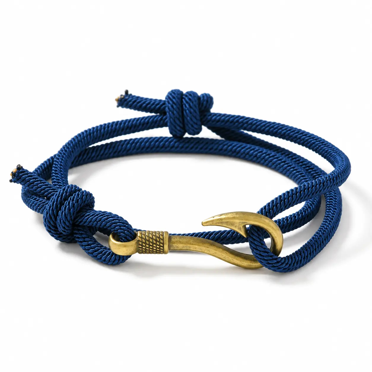 Fish Hook Bracelet for Men, Adjustable Nautical Cord Bracelet with Vintage Gold Tone Hook, Casual Rope Wristband