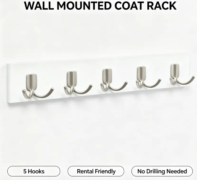 Modern Wall Hook Rack, 5 Hook Coat & Hat Organizer, Nickel & White Wall Mounted Storage for Entryway, Bathroom & Bedroom