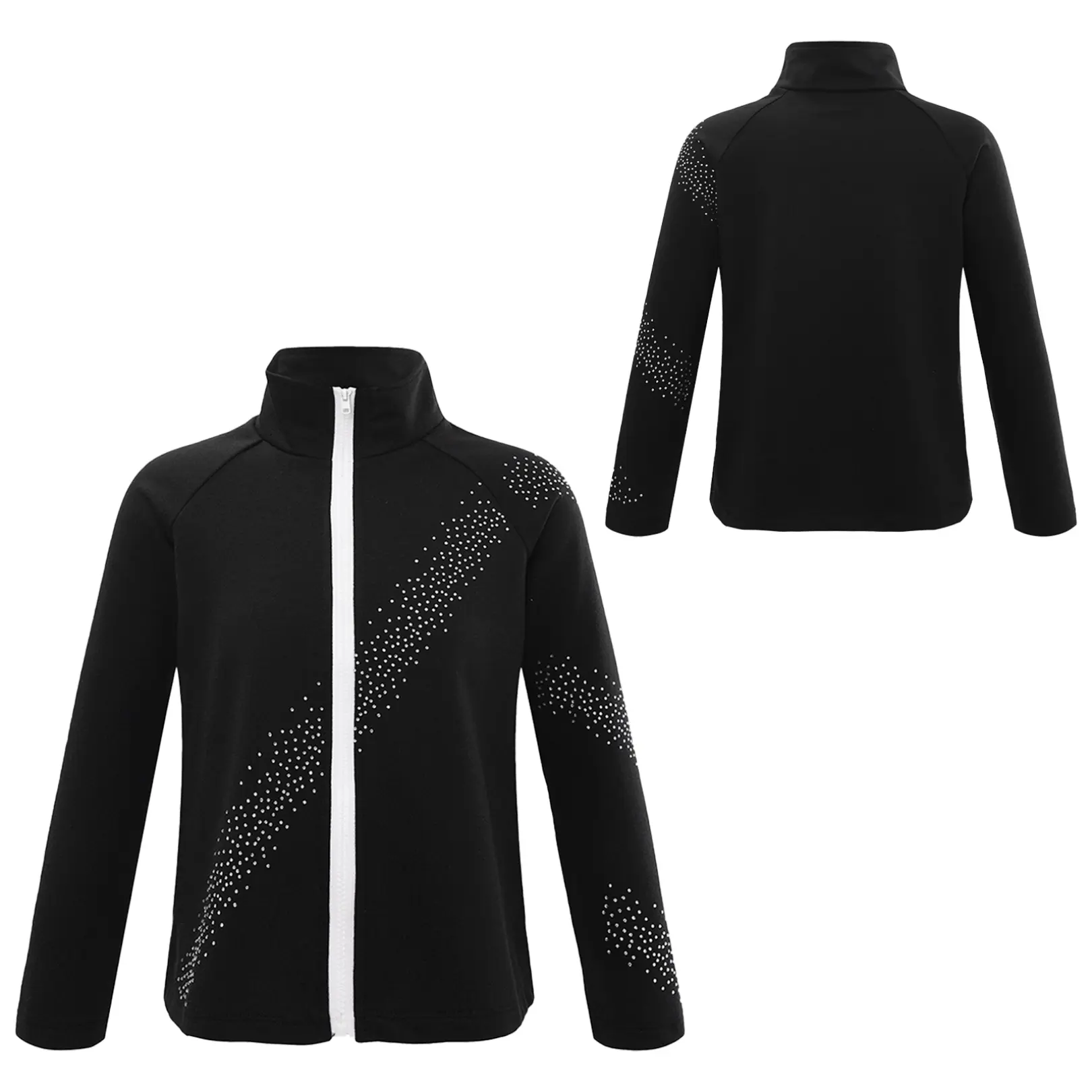 easyforever Kids' Collared Neck Figure Skating Jacket - Long Sleeve with Rhinestones, Breathable 65% Polyester 35% Cotton Blend, Front Zipper Outerwear for Workout, Gymnastics, Sports, Athletic Training (1Pc, 16in/41, 23.5in/59.5, 25in/64)