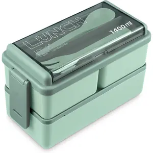 Bento Box Adult Lunchbox 2-Layer Leak-Proof Microwave Safe with Removable Compartments Portable Travel Container for Adults Modern Lid Green Plastic Insulated 1400ml Thanksgiving tableware Value Pack TikTokShopBlackFriday Christmas Gift Set Stock Up