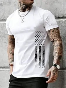 Men's Round Neck Casual Short Sleeve, Flag Pattern Print, Summer Comfortable T-Shirt, Outdoor Wear, American Street Style, Daily Leisure