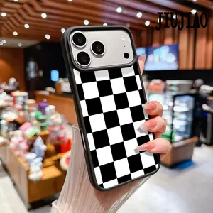 Simple black and white checkered Pattern Magnetic Phone Case Supports Wireless Charging for iPhone 17 Pro Max Air 15 16 14  13 12 11 Plus Shockproof Non Slip Protection Silicone Transparent Acrylic Cover Cellphone Protective