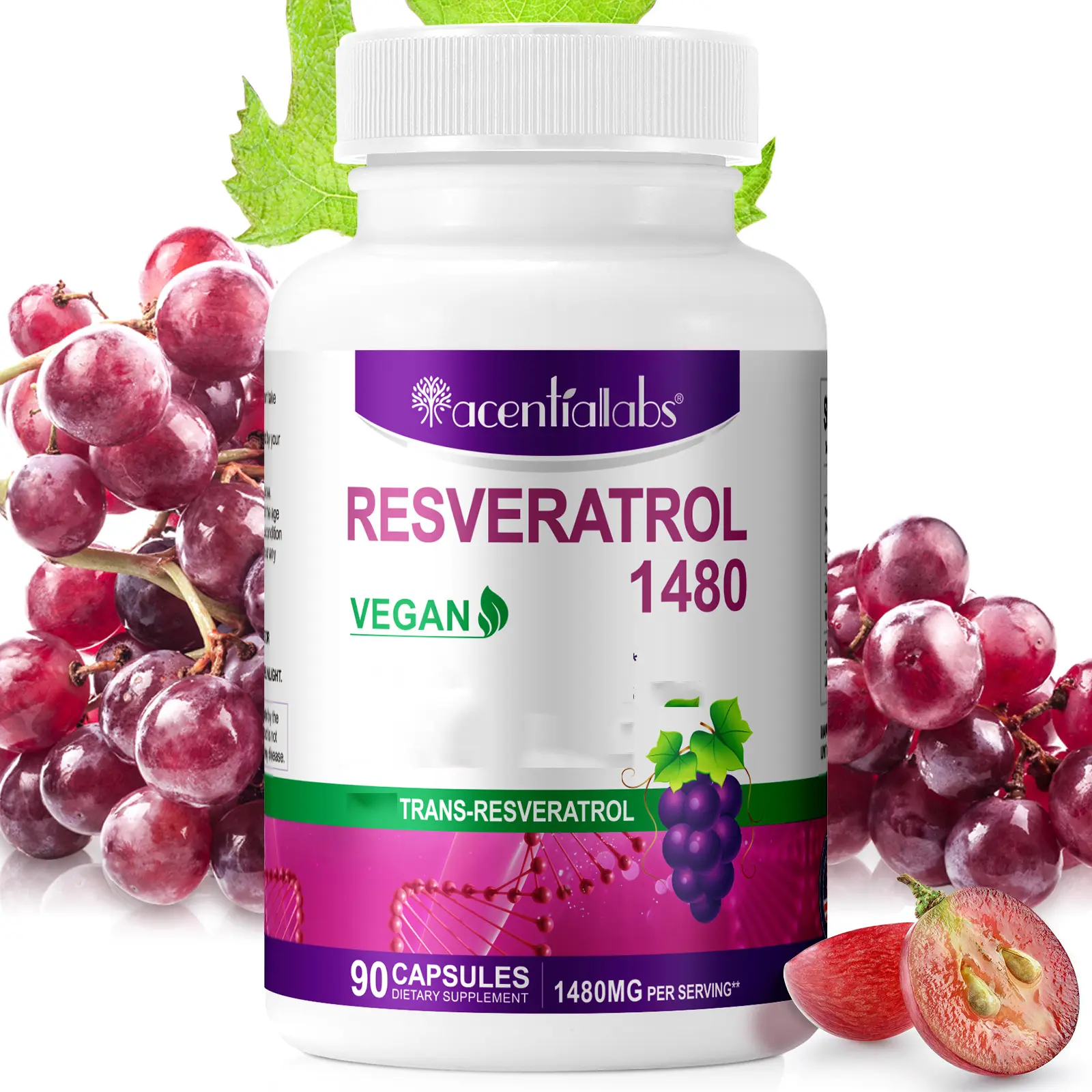 Acentiallabs Pure Resveratrol Antioxidant Complex Nutrition Supplement - 1480MG Vegan Chemical-Free Capsules, 90 Trans Resveratrol, Grape Seed Extract, GMP Tested for Healthcare & Fitness