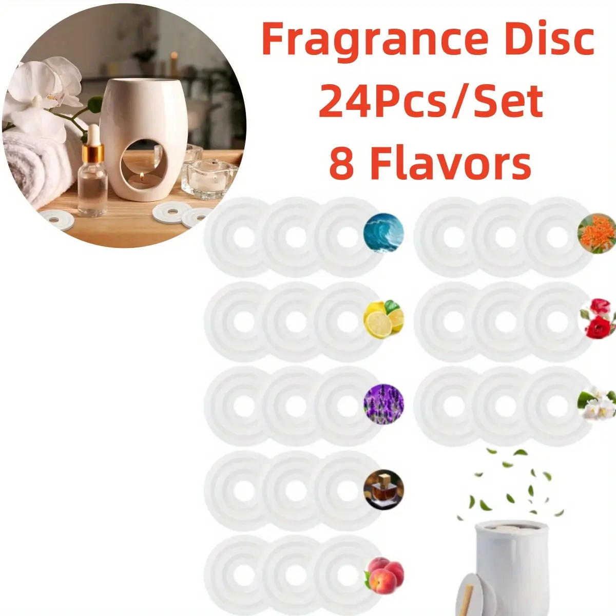 24pcs Easy-to-Use Towel Warmer Replacement Fragrance Discs, Compressed PET Scented Pads with 8 Scents (Floral, Fruity, Lemon, Lavender, Herbal, Beverage), Indoor Daily Home Care Moth Mold Damp Proofing Supplies