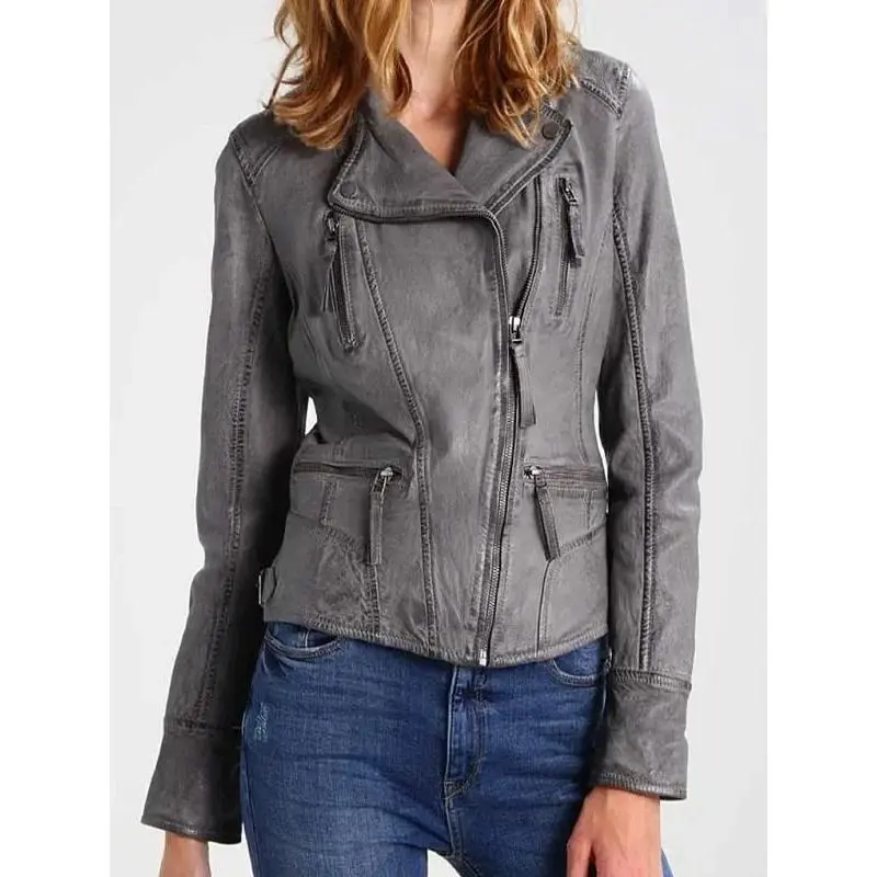 Women's Grey Biker Leather Jacket