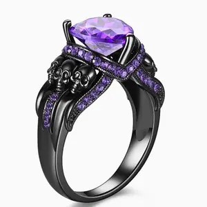 Black Skull Ring with stones for Women, Suitable for Halloween, Engagement Ring