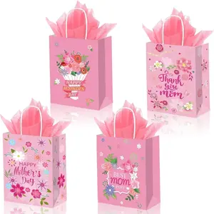 12 Pcs Mother's Day Gift Bags with Tissue Paper, Pink Mother's Day Paper Gift Bags with Handle, Mom's Party Favors for Wrapping, Gift Packs
