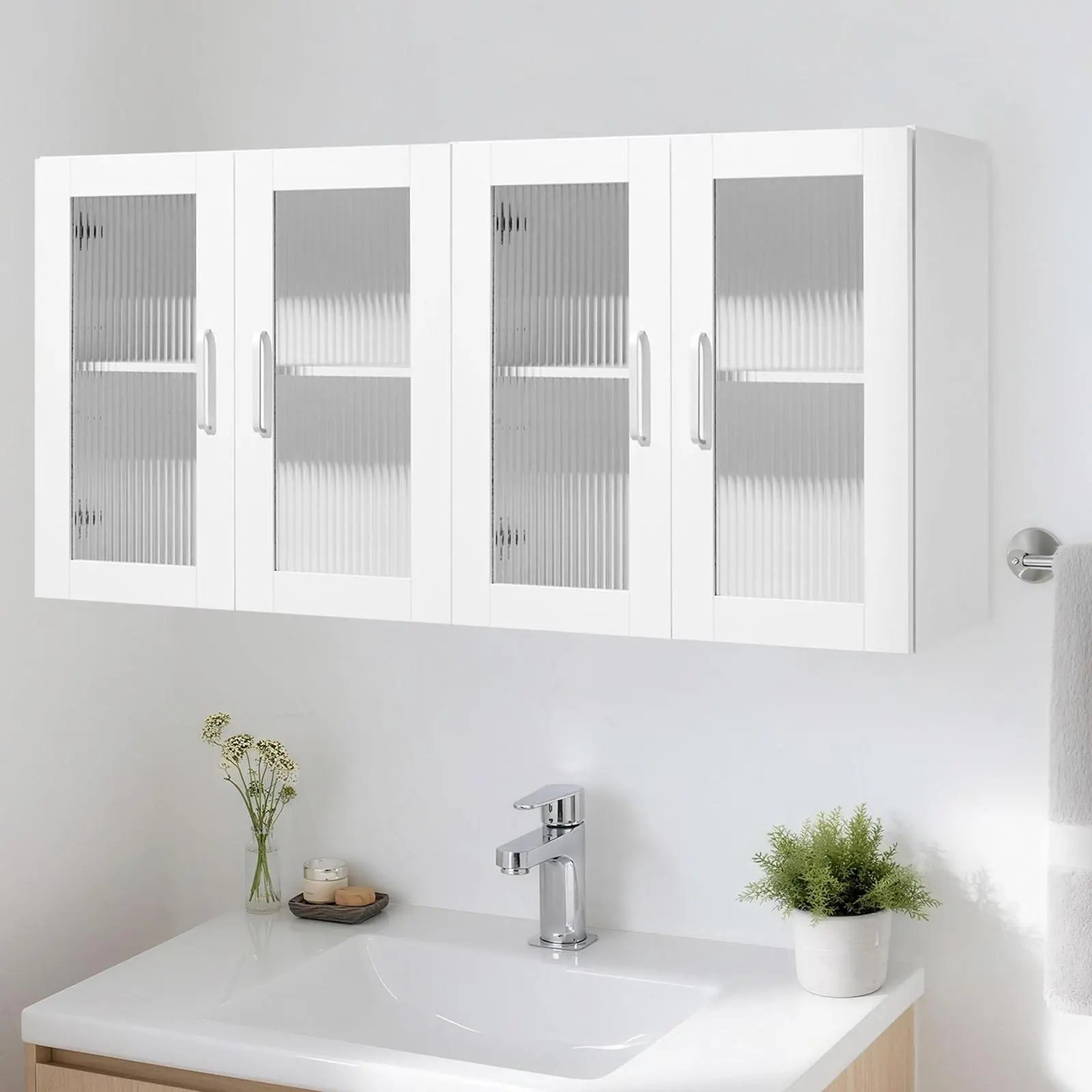 White 2-Piece Wall Mounted Laundry Room Cabinet Set, 2-Tier Cupboards with Adjustable Shelf & 4 Doors, 12x24x24in (D x W x H) for Kitchen & Bathroom
