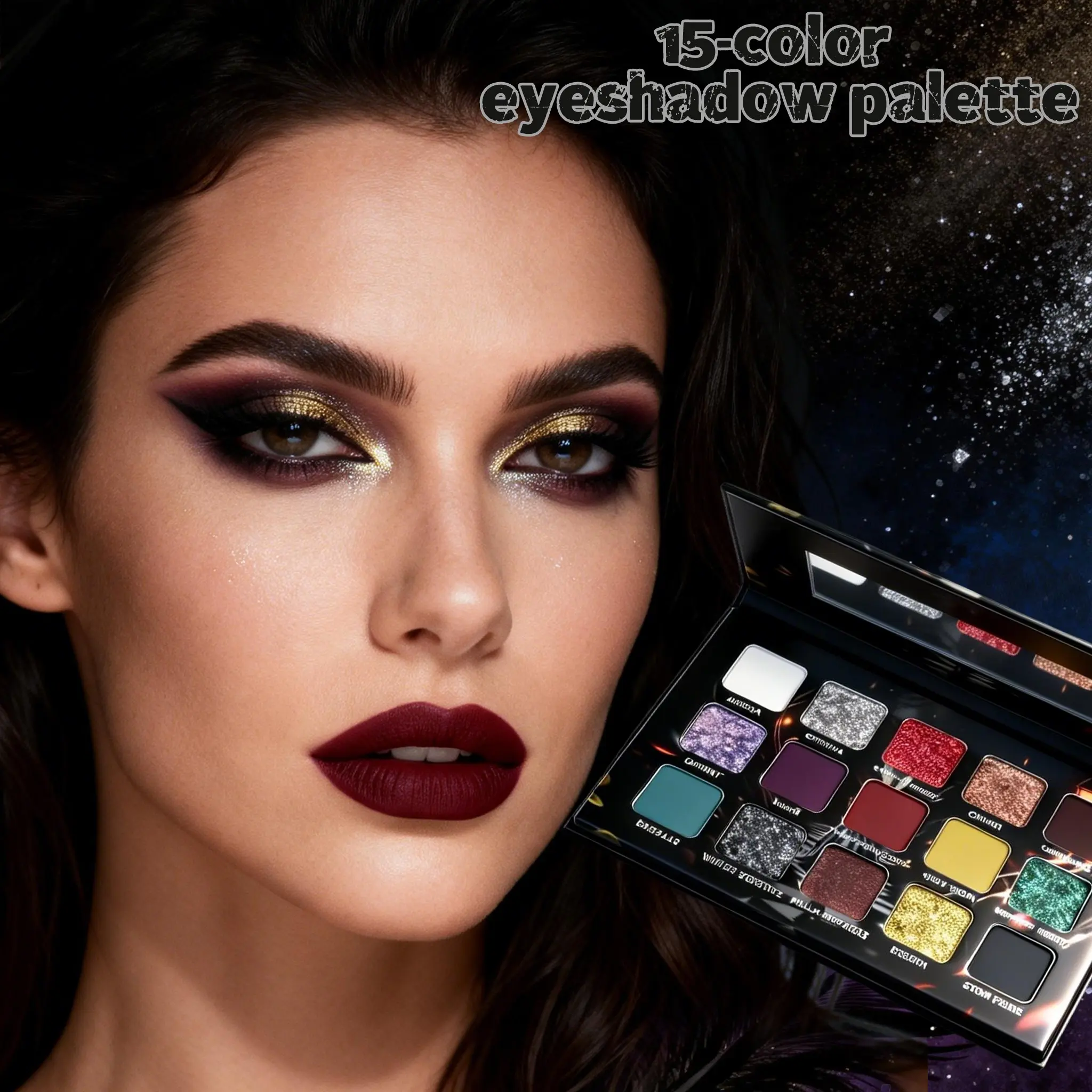 HERORANGE 15-Color Dark Punk Style Eyeshadow Palette, Highly pigmented palette, Smoky eye and cosplay makeup, matte and shimmery shades, Glitter Eyeshadows, multi-purpose highlighter, suitable for parties, events, creative makeup looks