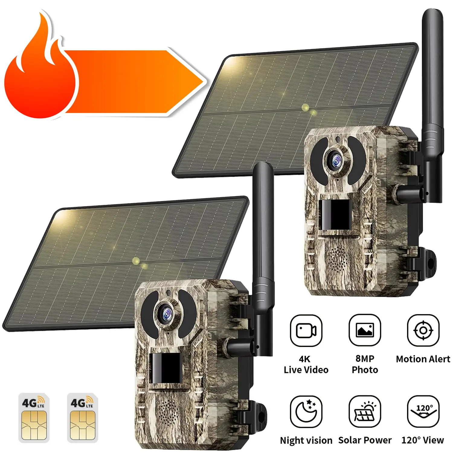 3rd Gen 4G LTE Solar Power Cellular Trail Camera with Built-in SIM, Live View, 0.2s Fast Trigger, Motion Alerts, Color Night Vision, IP66 Waterproof for Deer Hunting (Data Refill Required)
