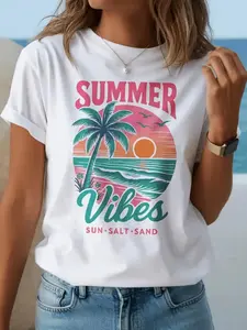 Women'S Pastel Pink & Turquoise Palm Tree T-Shirt - Lightweight Breathable Summer Beach Vacation Top, Relaxed Fit Short Sleeve Casual Hawaiian Shirt For Poolside Outfits, Travel Wardrobe Essential - Ideal For - Holiday Outfit Gift，women summer top